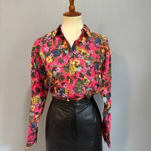 Vintage BOGARI 100% Silk Floral Pink Multi-color Button Down Shirt, Size Medium